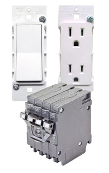 Electrical Breakers in front of a lightswitch and an electrical outlet